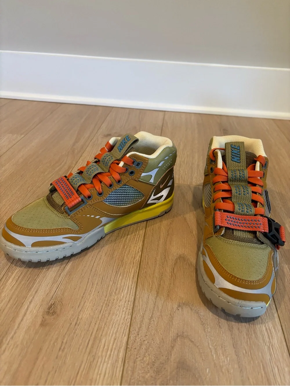 Nike Men’s  Olive Green and Orange High-Top Sneakers
